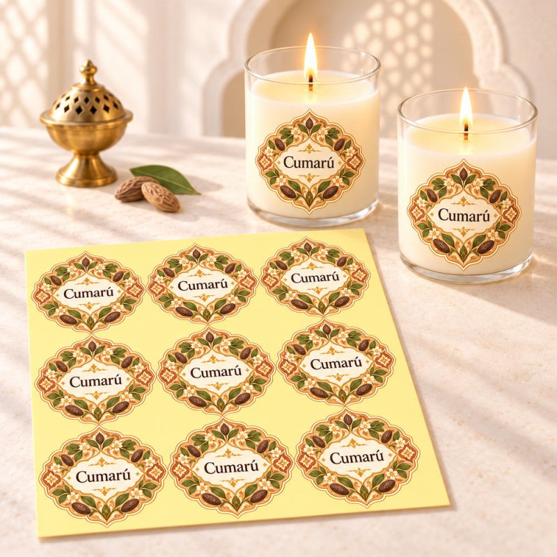 Pegatinas aroma cumarú estilo árabe aplicadas a envases en una composición lifestyle.