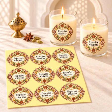 Pegatinas aroma especias místicas estilo árabe aplicadas a envases en una composición lifestyle.