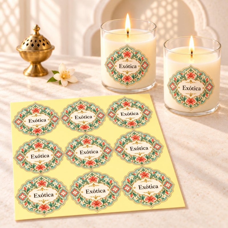 Pegatinas aroma exótica estilo árabe aplicadas a envases en una composición lifestyle.