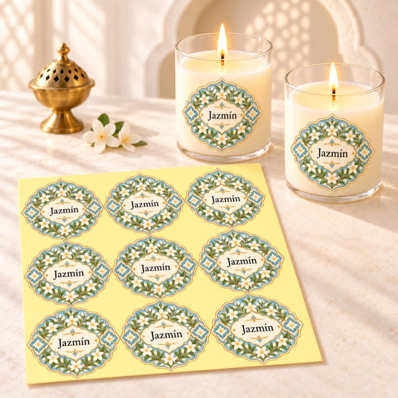 Pegatinas aroma jazmín estilo árabe aplicadas a envases en una composición lifestyle.