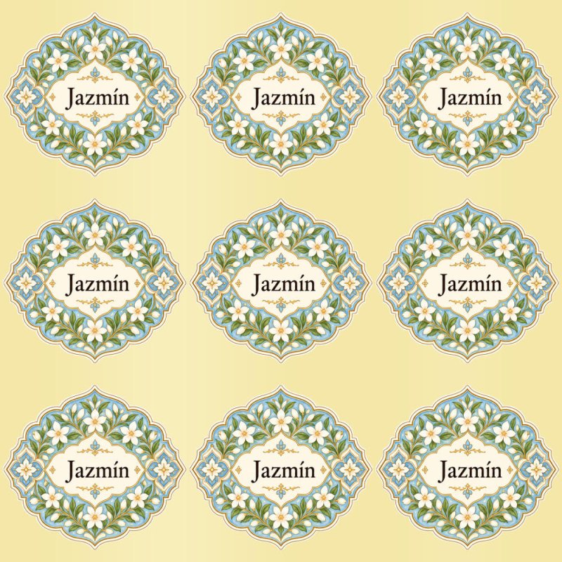 Pegatinas aroma jazmín estilo árabe: blíster de 9 pegatinas con el vinilo sobrante retirado.