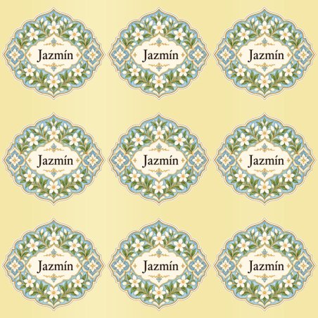 Pegatinas aroma jazmín estilo árabe: blíster de 9 pegatinas con el vinilo sobrante retirado.