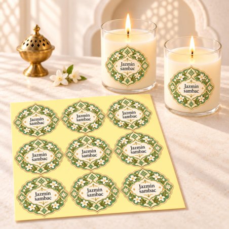 Pegatinas aroma jazmín sambac estilo árabe aplicadas a envases en una composición lifestyle.
