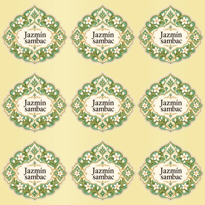 Pegatinas aroma jazmín sambac estilo árabe: blíster de 9 pegatinas con el vinilo sobrante retirado.