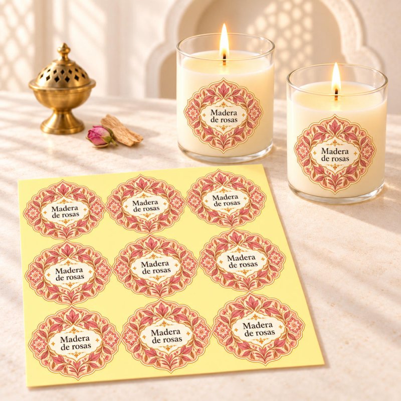 Pegatinas aroma madera de rosas estilo árabe aplicadas a envases en una composición lifestyle.