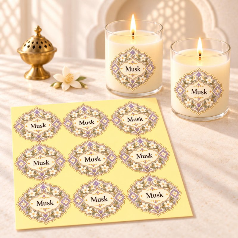 Pegatinas aroma musk estilo árabe aplicadas a envases en una composición lifestyle.