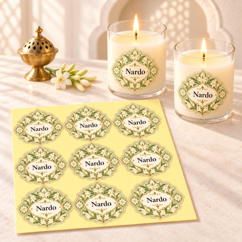 Pegatinas aroma nardo estilo árabe aplicadas a envases en una composición lifestyle.
