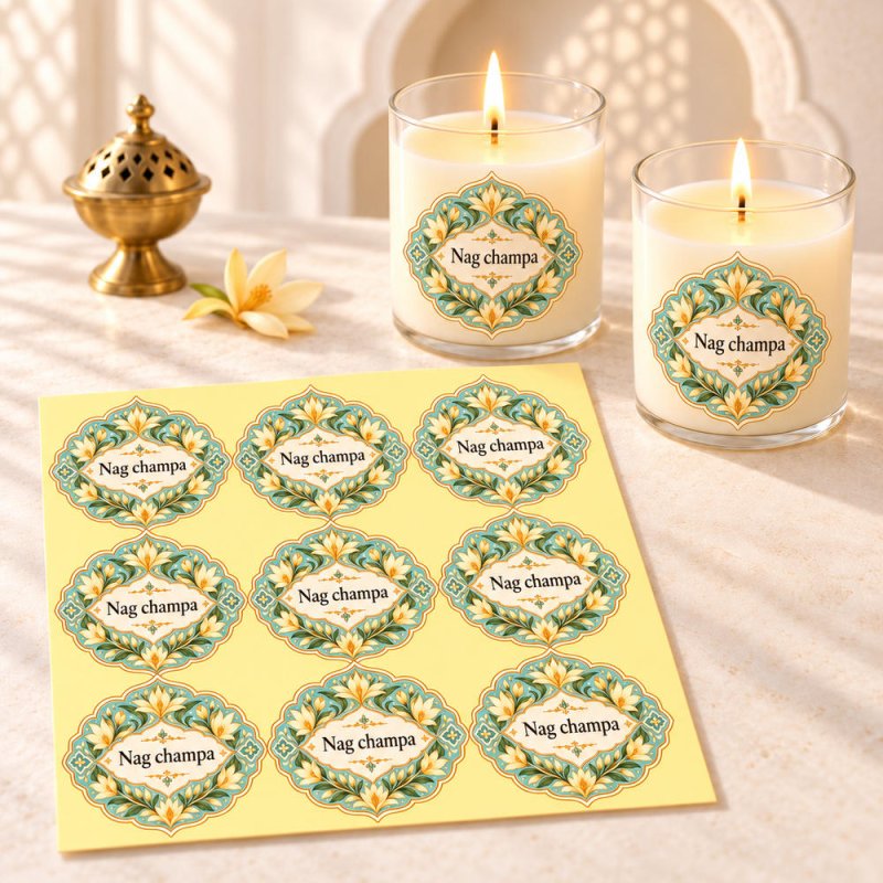 Pegatinas aroma nag champa estilo árabe aplicadas a envases en una composición lifestyle.