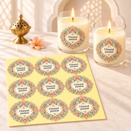Pegatinas aroma oriental passion estilo árabe aplicadas a envases en una composición lifestyle.