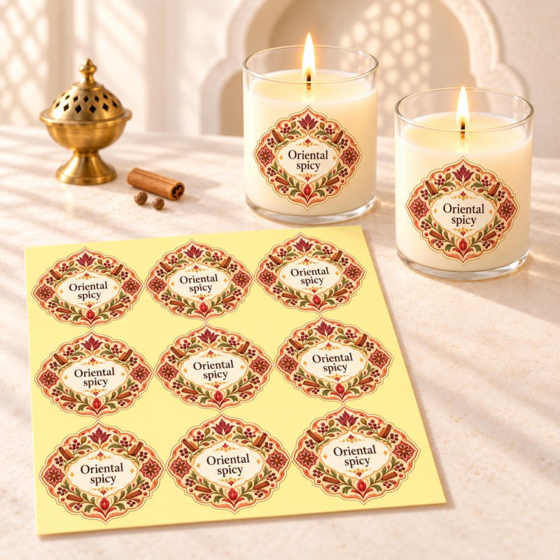 Pegatinas aroma oriental spicy estilo árabe aplicadas a envases en una composición lifestyle.