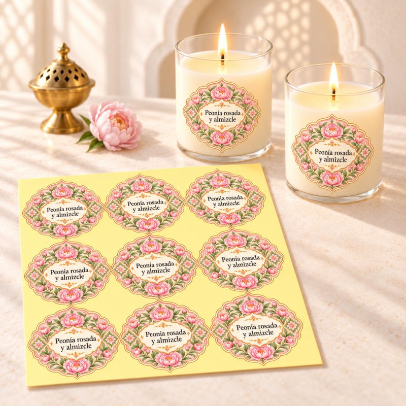Pegatinas aroma peonía rosada y almizcle estilo árabe aplicadas a envases en una composición lifestyle.