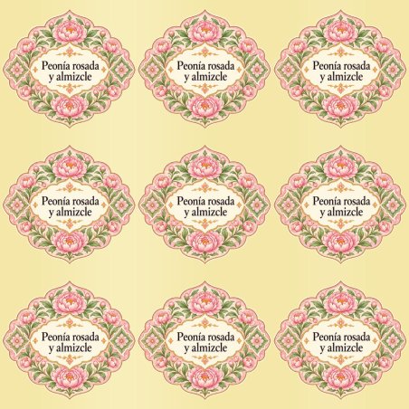 Pegatinas aroma peonía rosada y almizcle estilo árabe: blíster de 9 pegatinas con el vinilo sobrante retirado.
