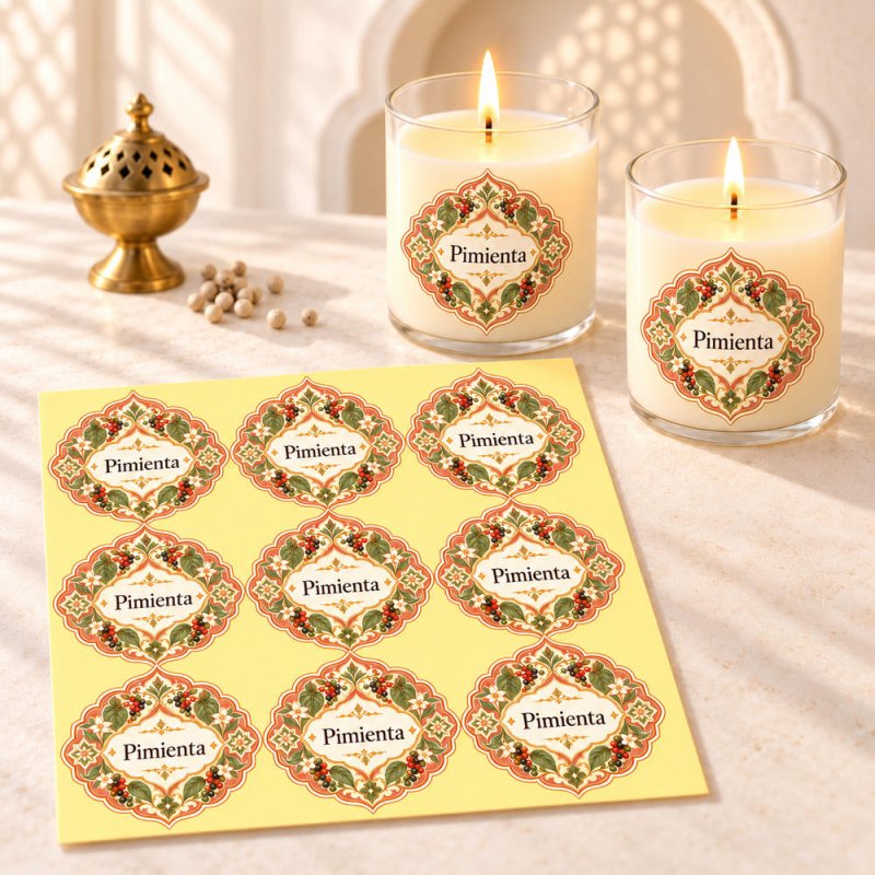 Pegatinas aroma pimienta estilo árabe aplicadas a envases en una composición lifestyle.