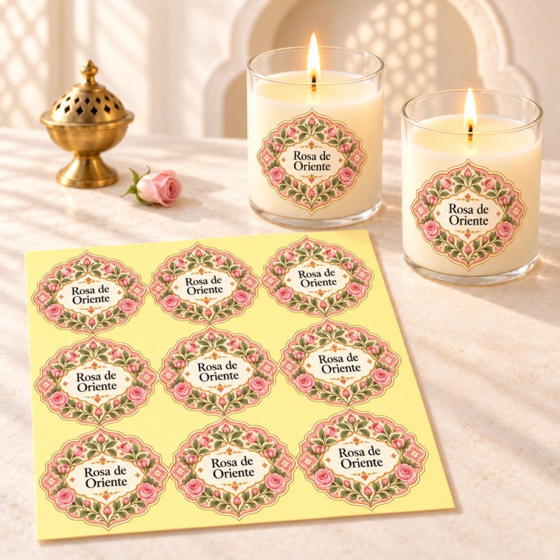 Pegatinas aroma rosa de Oriente estilo árabe aplicadas a envases en una composición lifestyle.