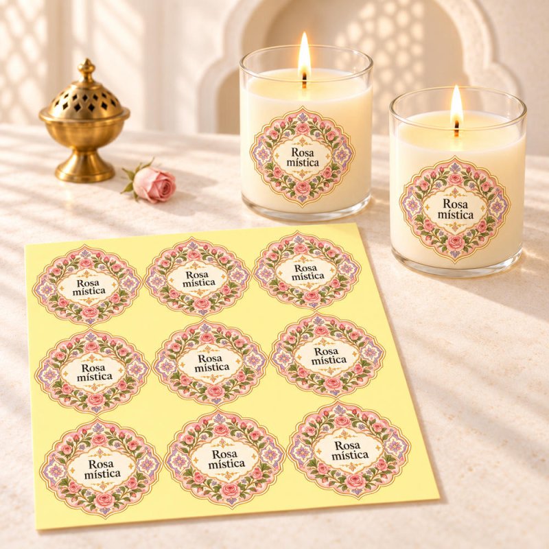 Pegatinas aroma rosa mística estilo árabe aplicadas a envases en una composición lifestyle.