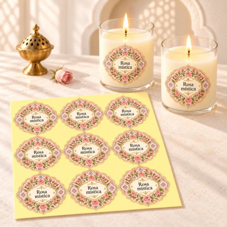 Pegatinas aroma rosa mística estilo árabe aplicadas a envases en una composición lifestyle.