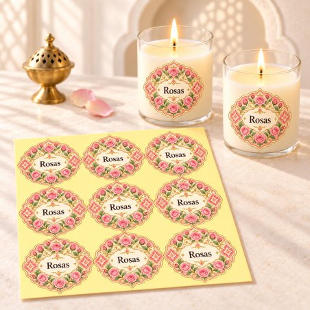 Pegatinas aroma rosas estilo árabe aplicadas a envases en una composición lifestyle.