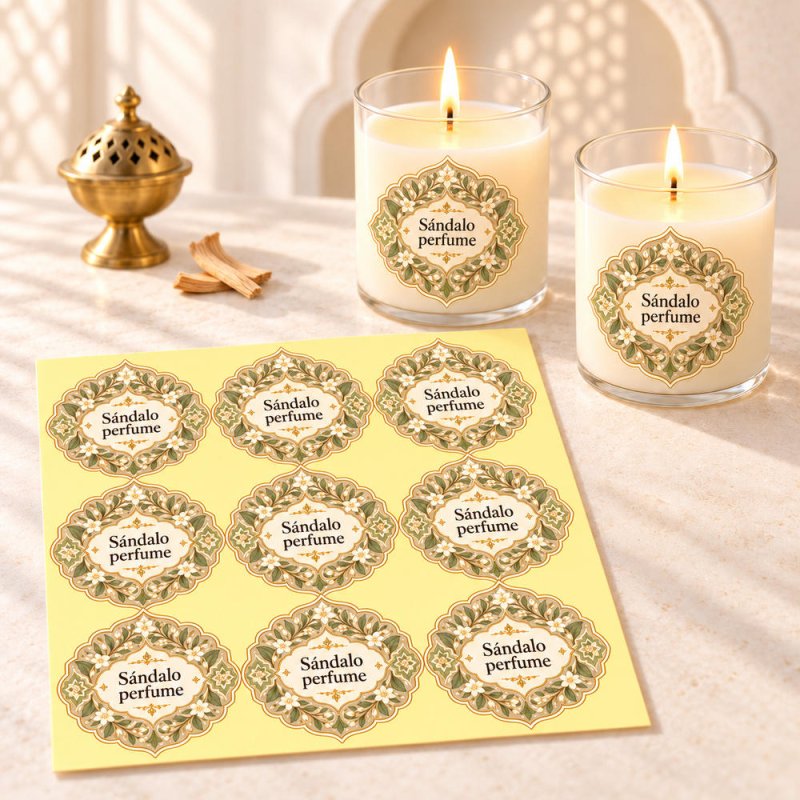 Pegatinas aroma sándalo perfume estilo árabe aplicadas a envases en una composición lifestyle.