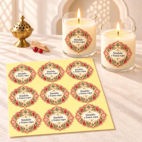 Pegatinas aroma sándalo y frutos rojos estilo árabe aplicadas a envases en una composición lifestyle.