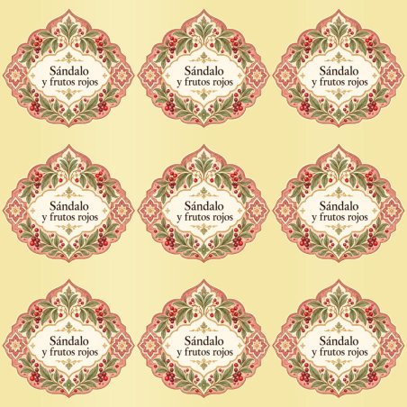 Pegatinas aroma sándalo y frutos rojos estilo árabe: blíster de 9 pegatinas con el vinilo sobrante retirado.