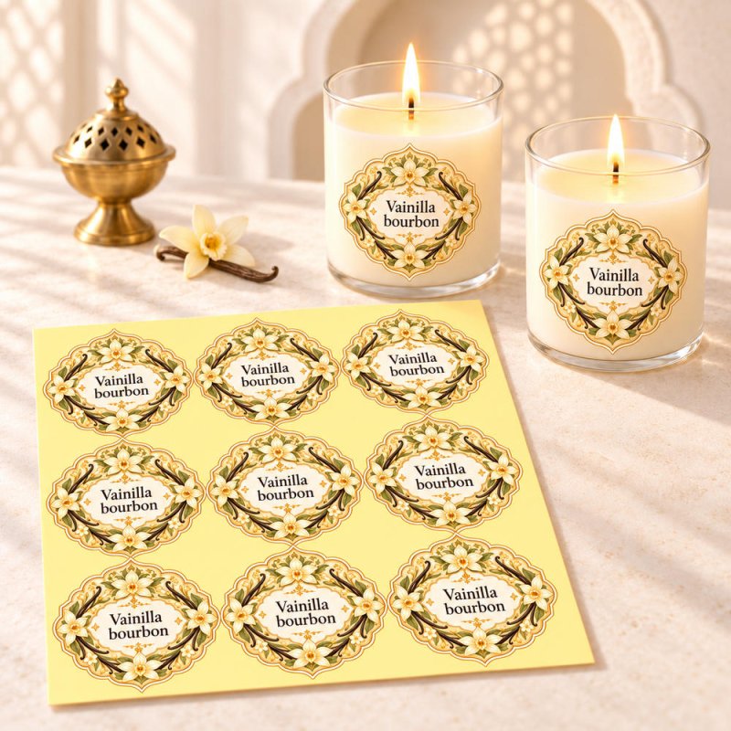 Pegatinas aroma vainilla bourbon estilo árabe aplicadas a envases en una composición lifestyle.