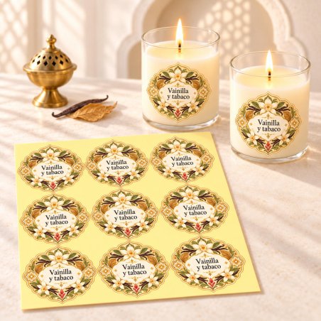 Pegatinas aroma vainilla y tabaco estilo árabe aplicadas a envases en una composición lifestyle.