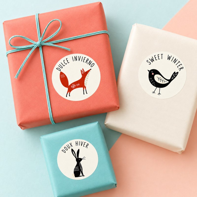 Regalos decorados con pegatinas redondas de invierno nórdico, vistos desde arriba.