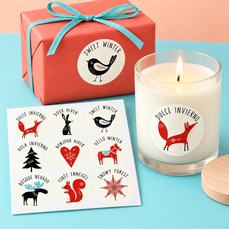 Vela encendida, regalo y blíster de pegatinas de invierno nórdico.
