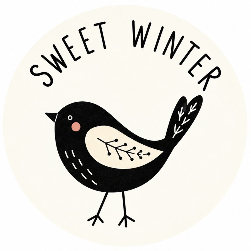 Pegatina de invierno nórdico con pájaro y texto Sweet winter.