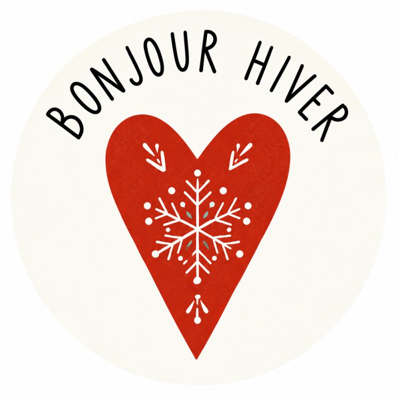 Pegatina de invierno nórdico con corazón y texto Bonjour hiver.