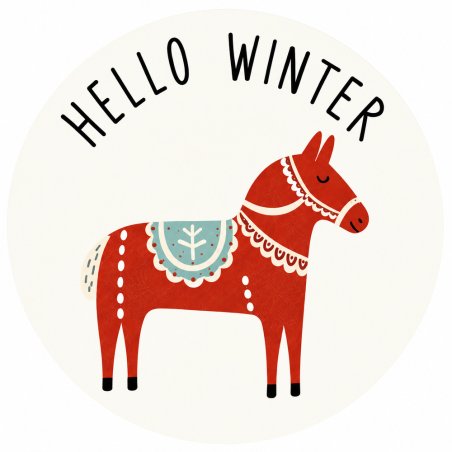 Pegatina de invierno nórdico con caballito y texto Hello winter.