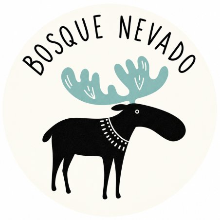 Pegatina de invierno nórdico con alce y texto Bosque nevado.