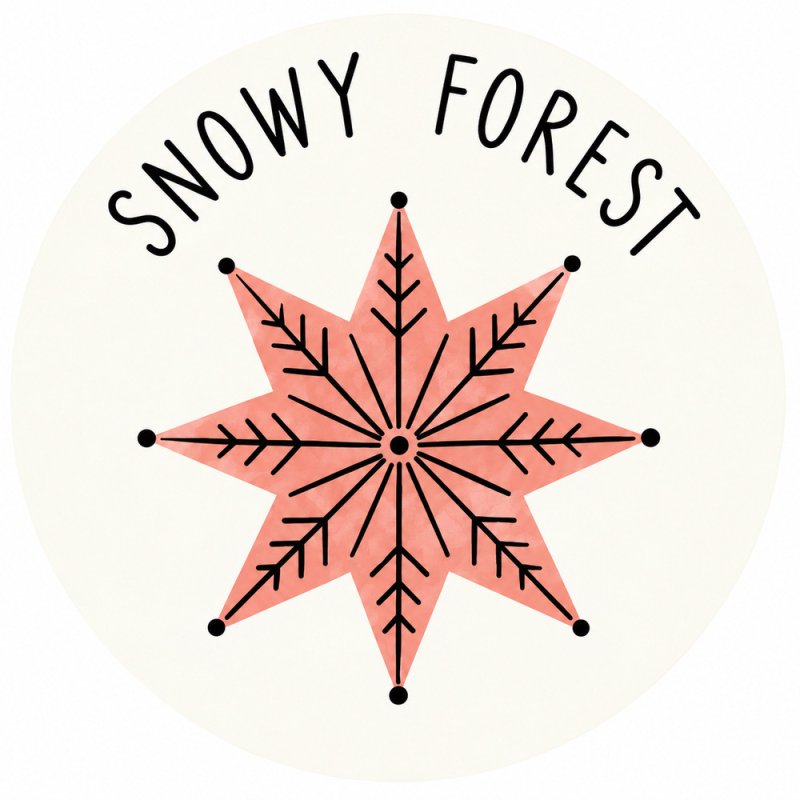 Pegatina de invierno nórdico con estrella y texto Snowy forest.