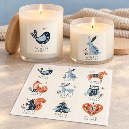 Dos velas encendidas con pegatinas Winter Candle de pájaro y conejo junto al blíster.