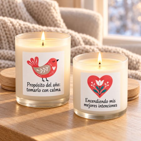 Velas en vaso decoradas con pegatinas de Año Nuevo 2027.