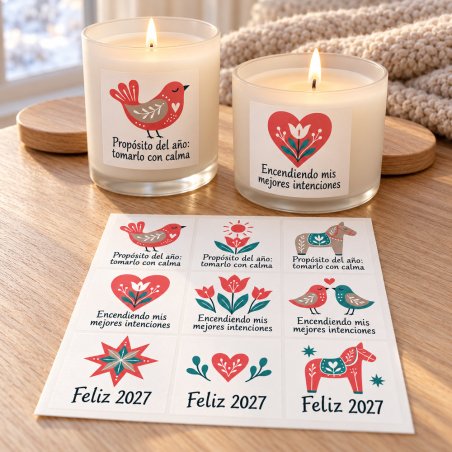 Velas decoradas y blíster de nueve pegatinas de Año Nuevo 2027.