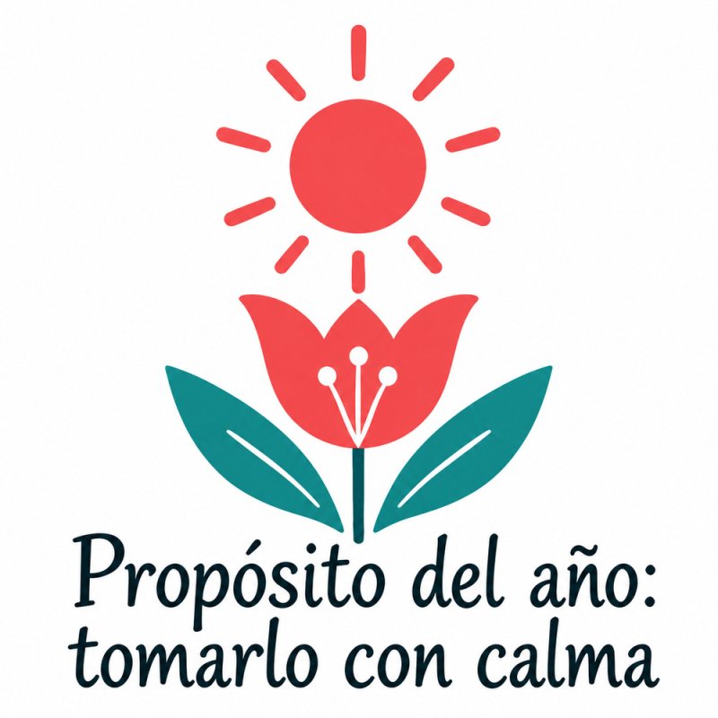 Pegatina de Año Nuevo 2027 con tulipán y sol con texto Propósito del año: tomarlo con calma.