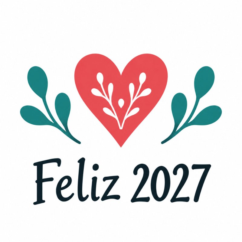 Pegatina de Año Nuevo 2027 con corazón y ramas con texto Feliz 2027.
