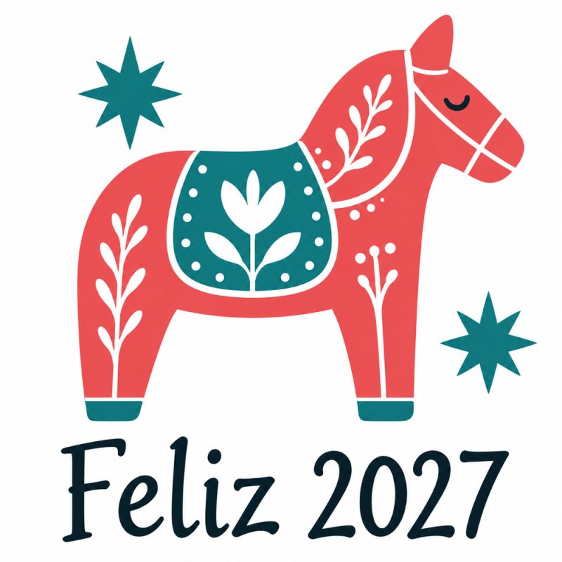 Pegatina de Año Nuevo 2027 con caballo coral y texto Feliz 2027.