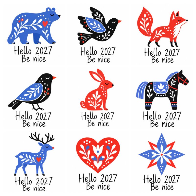Blíster de nueve pegatinas para velas Hello 2027 Be nice.