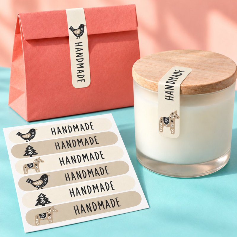 Bolsa de regalo, vela y blíster de tiras cierrabolsas de Navidad Handmade beige.