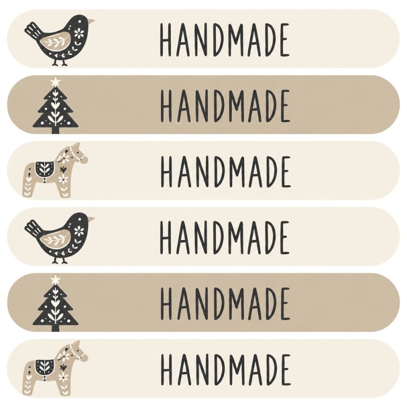 Blíster de seis tiras cierrabolsas de Navidad Handmade beige con pájaro, abeto y caballito.