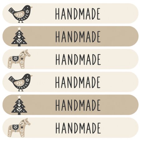 Blíster de seis tiras cierrabolsas de Navidad Handmade beige con pájaro, abeto y caballito.