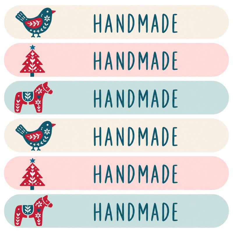 Blíster de seis tiras cierrabolsas de Navidad Handmade rojo y petróleo con pájaro, abeto y caballito.