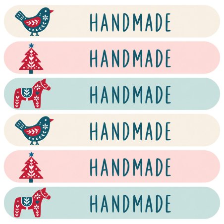 Blíster de seis tiras cierrabolsas de Navidad Handmade rojo y petróleo con pájaro, abeto y caballito.