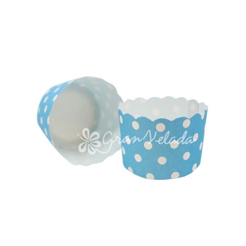 Capsulas de cupcake azules con topos blancos