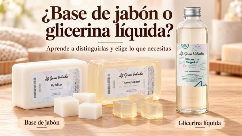 Bases de jabón blanca y transparente frente a una botella de glicerina vegetal líquida de Gran Velada