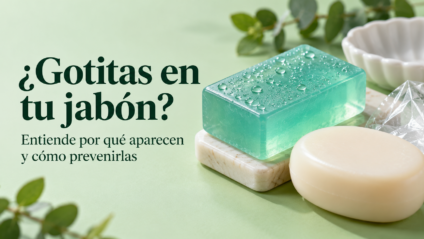 Jabón de glicerina con gotas de humedad y el mensaje «¿Gotitas en tu jabón?»