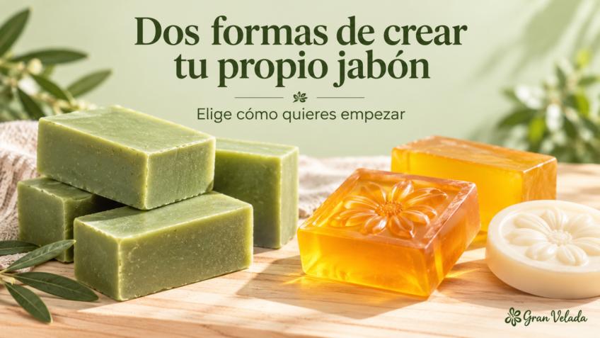 Pastillas opacas de jabón de aceite y jabones de glicerina con el texto Dos formas de crear tu propio jabón