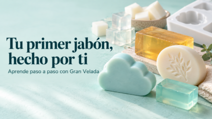 Jabones de glicerina opacos y transparentes con el mensaje «Tu primer jabón, hecho por ti»
